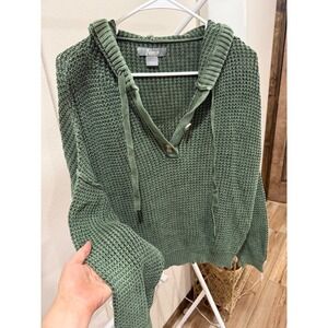 Natural Reflections Womens Sage Green Waffle Knit Henley Hoodie Sweater Large